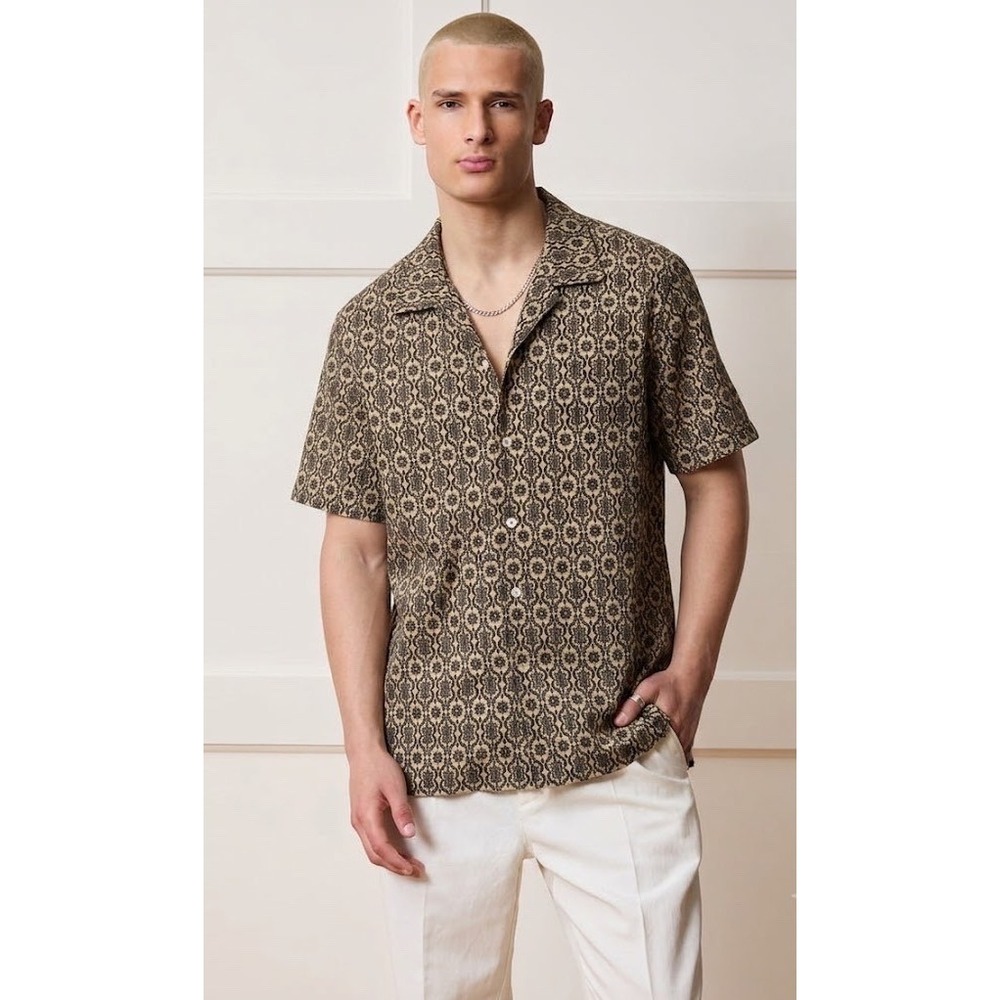Todd Snyder XXL Tan Black Medallion Print Cotton Linen Camp Collar Shirt Mens